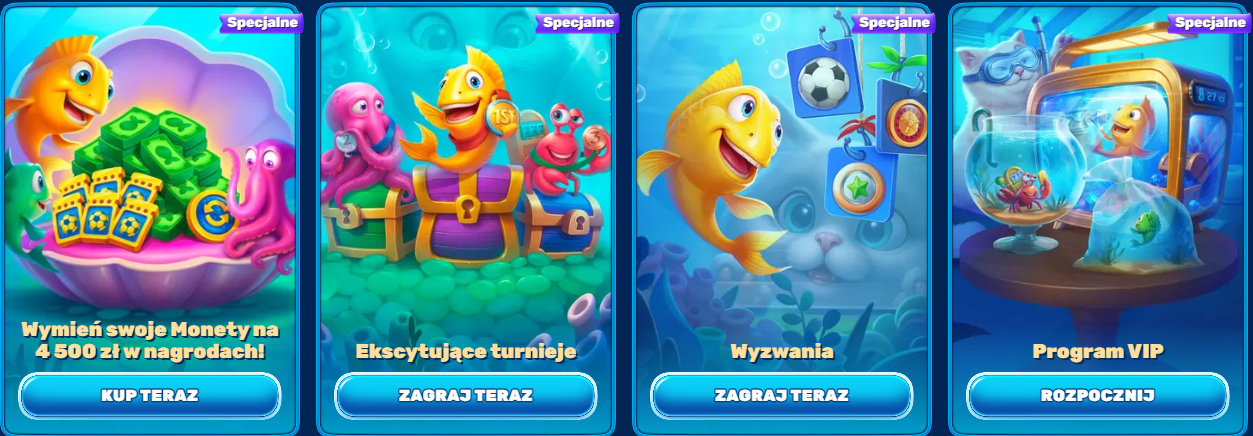 Cartoon yellow fish with a green turtle in a purple shell full of cash, coins, and reward cards, promoting