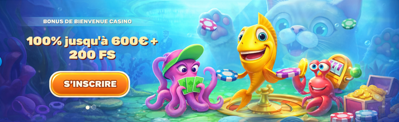 nderwater-themed casino promotion showing a smiling yellow fish spinning a wheel, a purple octopus holding cards, and a red crab slot-machine character surrounded by chips.