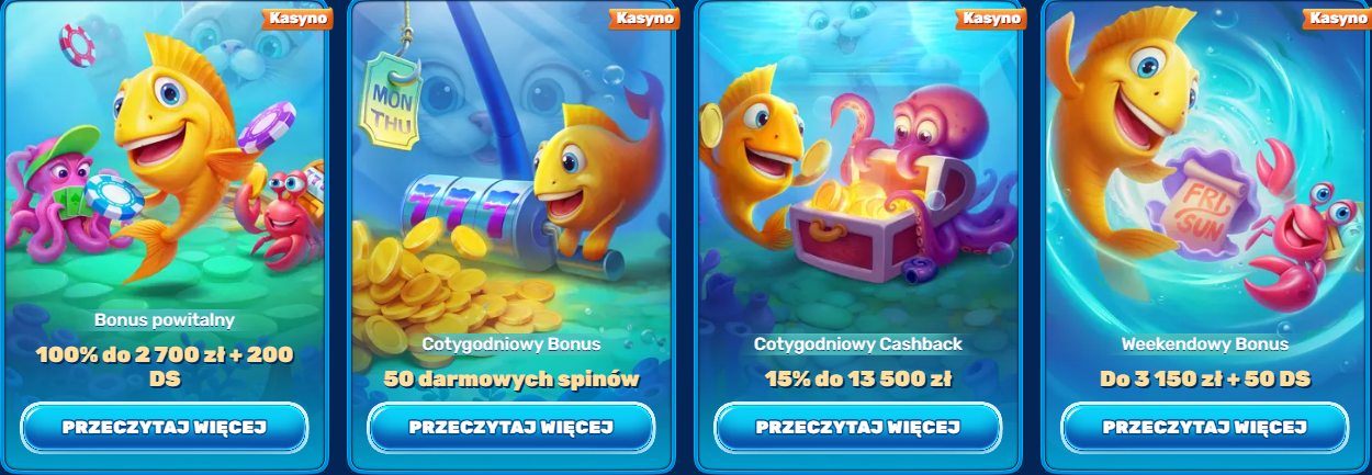 Cartoon yellow fish with a green turtle in a purple shell full of cash, coins, and reward cards, promoting